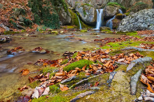 Szene vom herbstlichen Gebirgsschlucht-Fluss — Stockfoto