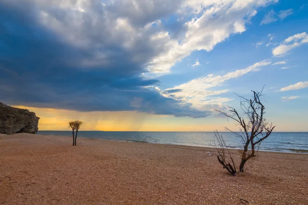 Песчаный морской пляж и облачное небо — стоковое фото