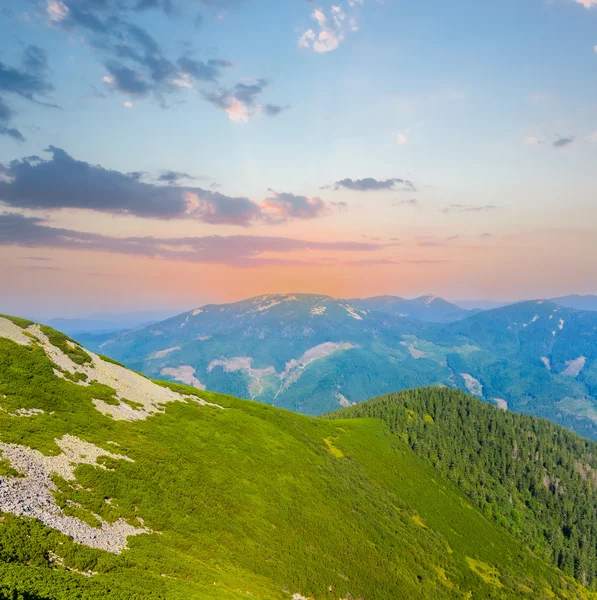 Mattina presto verde montagna valle scena — Foto Stock