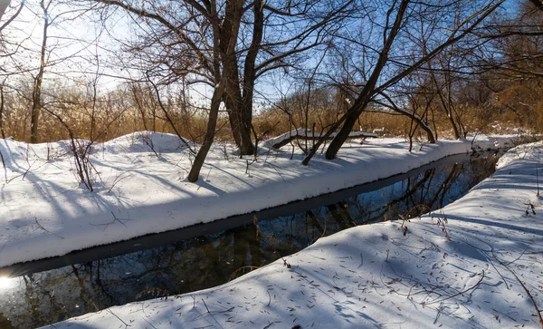 Pequeño Río Fluye Través Del Bosque Nevado Invierno Escena Campo — Foto de Stock