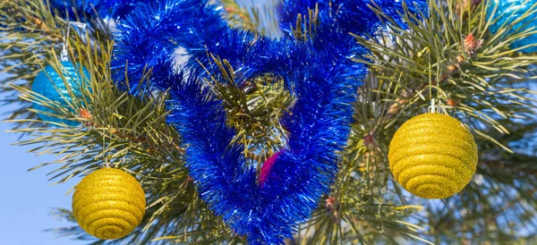 在松树枝上挂着大量的新年玩具 寒假背景 — 图库照片