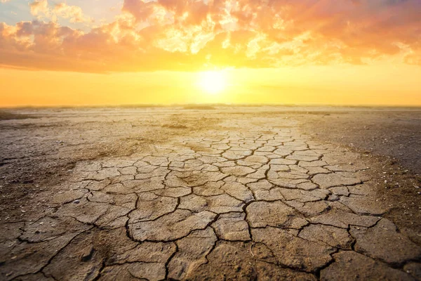 Tierra Agrietada Seca Atardecer Dramático Fondo Calamidad Ecologigal —  Fotos de Stock