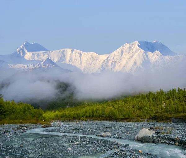 Gebirgstal Mit Kleinem Fluss Dichtem Nebel — Stockfoto