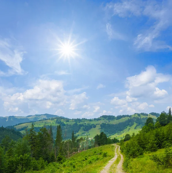 Estrada Terra Montanha Verde Dia Ensolarado Verão — Fotografia de Stock