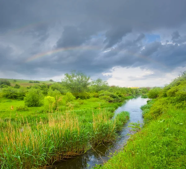 虹のある濃い曇り空の下の草原の間の小さな川の流れ — ストック写真