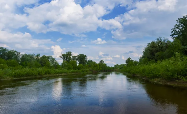 Lugn Sommar Flod Med Skog Kust Molnig Himmel Sommar Landsbygd — Stockfoto