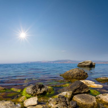 Işıl ışıl güneş altında taşlı deniz kıyıları, yaz tatili sahnesi