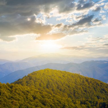 Güzel yeşil dağ vadisi gün batımında, akşam gezisi sahnesi