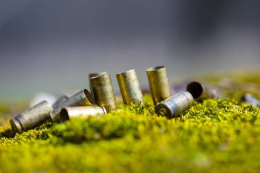 closeup heap of ammo shells in grass, military scene