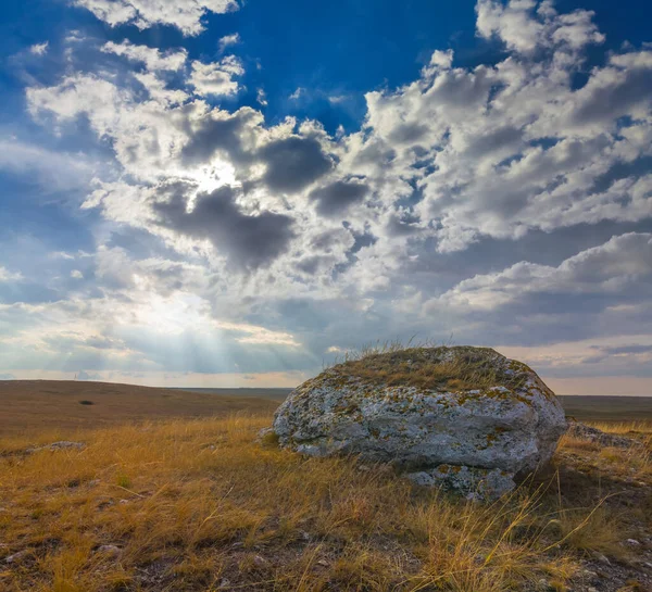 Enorme Piedra Entre Las Praderas Bajo Cielo Nublado Denso —  Fotos de Stock