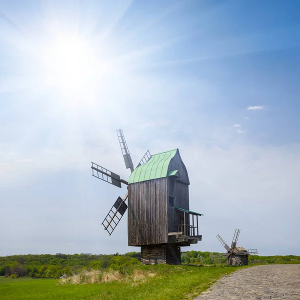 Authentische Hölzerne Windmühle Inmitten Grüner Wiesen Sonnigen Tag Historischer Bauernhof — Stockfoto