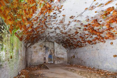 old red brick fortress tunnel, indoor scene of old temple