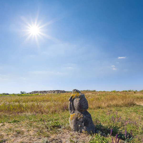 Alte Antike Statue Inmitten Grüner Prärie Historischer Archäologischer Hintergrund — Stockfoto