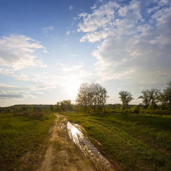 Dirty Ground Road Green Fields Sunset — Stock Photo, Image