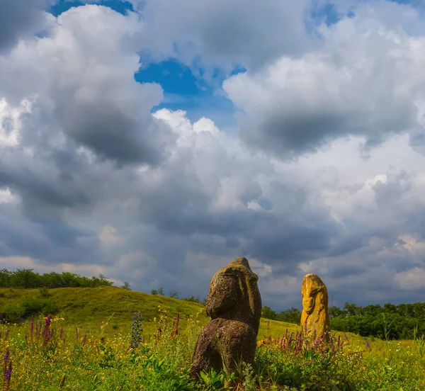Old Ancient Statue Stay Green Prairie Historical Archeology Background — Stock Photo, Image