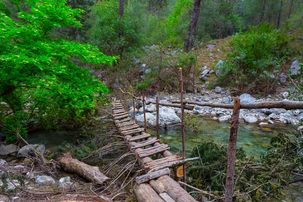 Malý Dřevěný Most Horské Řece — Stock fotografie