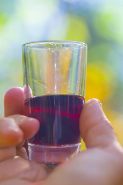 İnsan eli, parmaklarda alkol içeceği, açık hava yiyecek ve içecek sahnesi.