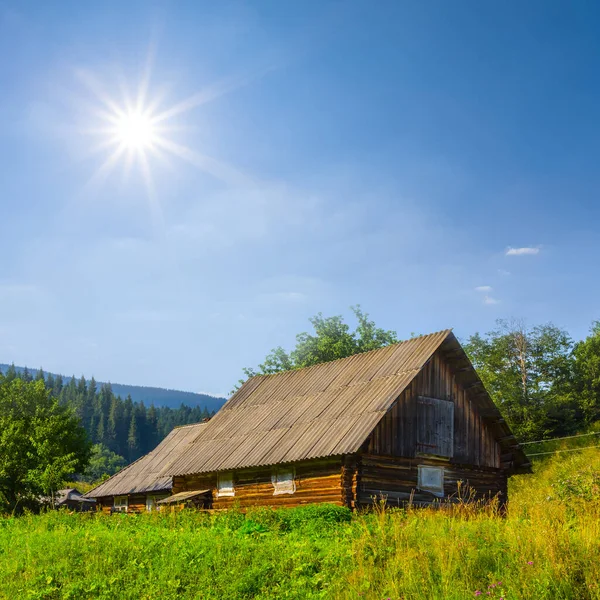 Pequena Casa Madeira Ficar Encosta Monte Dia Ensolarado Verão Cena — Fotografia de Stock