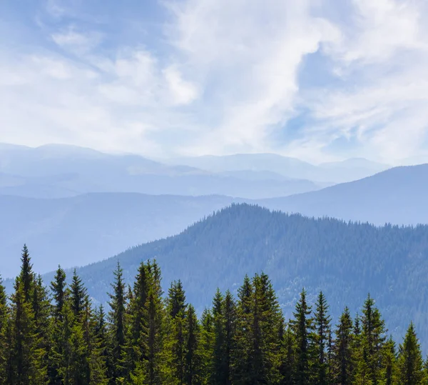 Silhouette Chaîne Montagnes Dans Brume Bleue Avec Forêt Pins Voyage — Photo