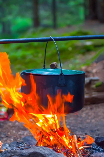 Touristic Cauldron Fire Camping Travel Cooking Scene — Stock Photo, Image