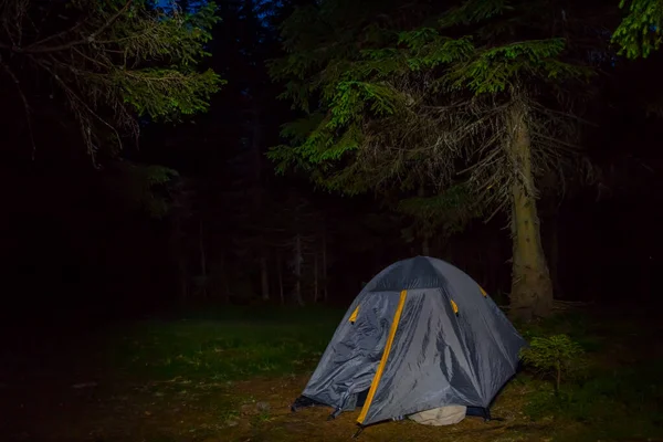 Turist Tält Vistelse Skog Glänta Natt Resor Camping Scen — Stockfoto