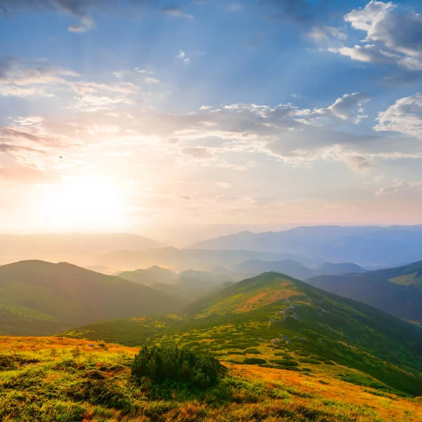 Зеленая Горная Долина Восходе Солнца Горный Фон — стоковое фото