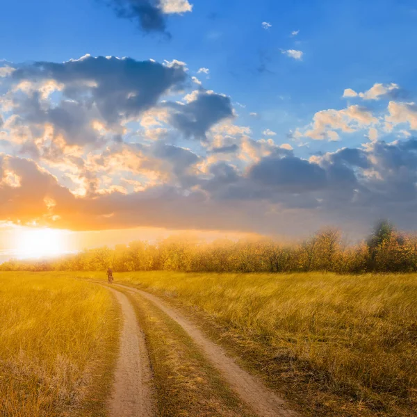 Ciclista Montar Carretera Por Tierra Entre Las Praderas Atardecer Fondo — Foto de Stock