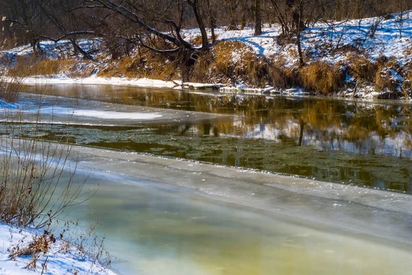 Närbild Frusen Flod Flöde Genom Skog Vinter Naturlig Bakgrund — Stockfoto