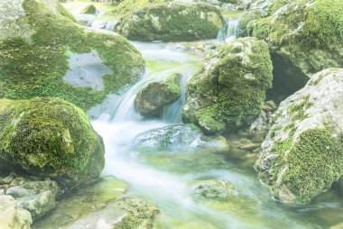 Dağ nehrindeki küçük şelale kanyon boyunca akıyor.