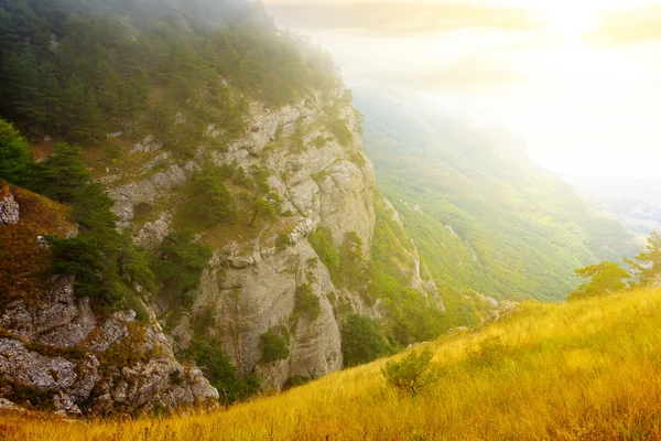 Vale da montanha em raios de sol — Fotografia de Stock