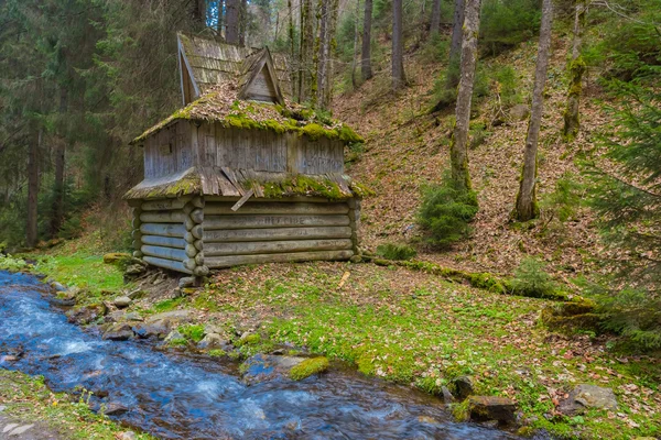 Small wooden house in a mountain forest — Stock Photo, Image