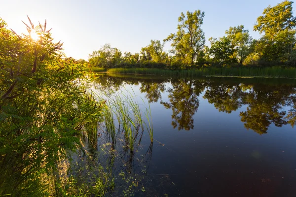 Puesta de sol sobre un río tranquilo —  Fotos de Stock