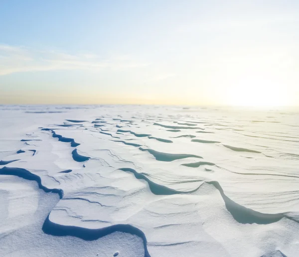 Winter snowbound vlakte bij de zonsondergang — Stockfoto