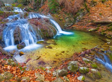 Nehirdeki şelale dağ kanyonu boyunca akar. Kırmızı kuru yapraklarla kaplıdır. Sonbahar nehir manzarası.