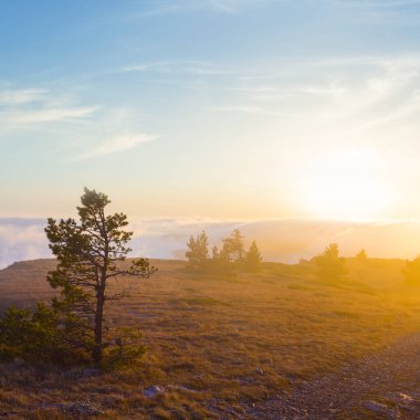 Yoğun bir sis ve gün batımında bulutlar.