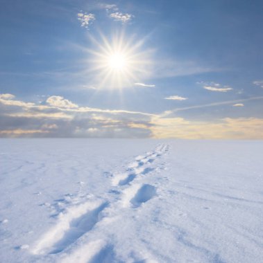 Karlı kış ovalarında, güneşli bir günde insan izleri var.
