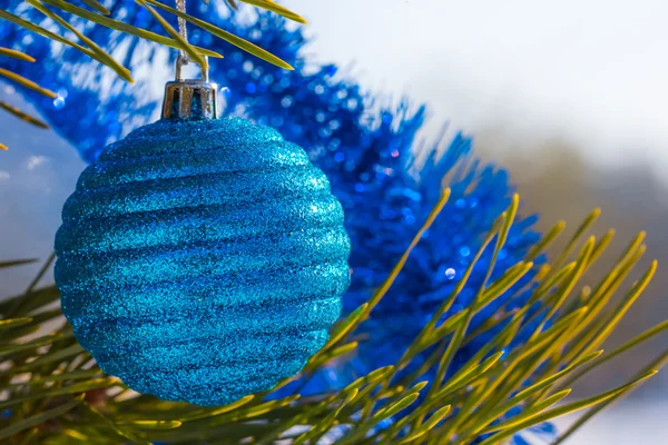 Zbliżenie świąteczne zabawki na gałęzi drzewa sosnowego — Zdjęcie stockowe