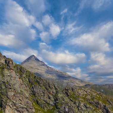 Yoğun sis ve bulutlarda yeşil dağ sırtı mevsimlik dağ seyahati manzarası