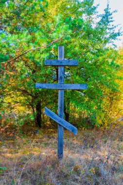 old christian wooden cross in a forest clipart