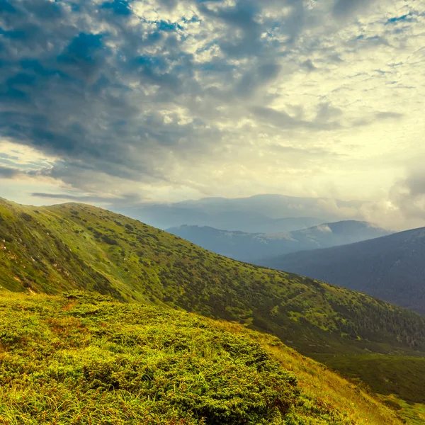 Grüne Berglandschaft unter dichten Wolken — Stockfoto