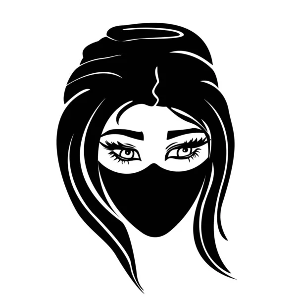 Kobiety z długimi ciemnymi włosami noszące maskę od COVID — Wektor stockowy