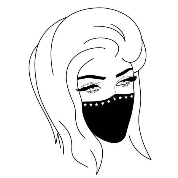 Ξανθιά γυναίκα με όμορφα μάτια που φοράει κομψή μαύρη μάσκα από την COVID-19 — Διανυσματικό Αρχείο