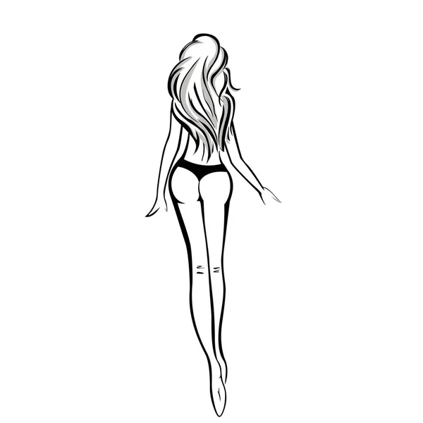 Hermosa joven con piernas largas en bikini. Exquisita silueta dorsal de dama. — Vector de stock