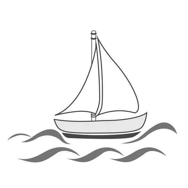 Velero dibujado a mano en el mar. Icono de barco y olas — Vector de stock