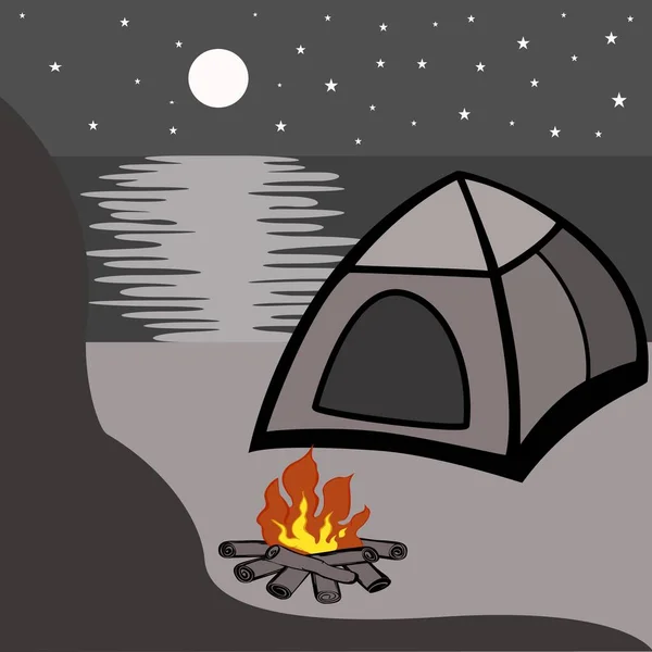 Acampar por la noche rodeado de una hermosa naturaleza. Tienda en la playa bajo la luna y las estrellas. Camino de la luna en el lago. — Vector de stock