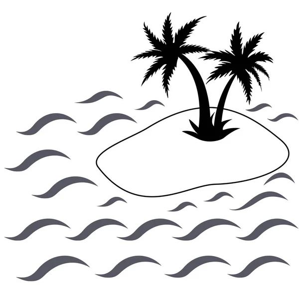 海に囲まれた熱帯の島のヤシの木。白黒の画像 — ストックベクタ