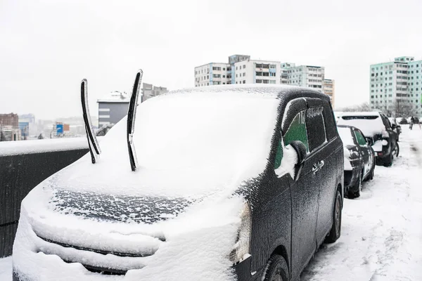 Wycieraczki Pokryte Lodem Śniegiem Zamarzniętym Deszczu Bliska Cyklon Burzy Lodowej — Zdjęcie stockowe