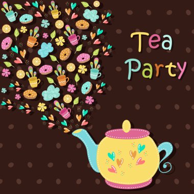 Güzel çay buharla tatlılar karanlık bir arka plan üzerinde