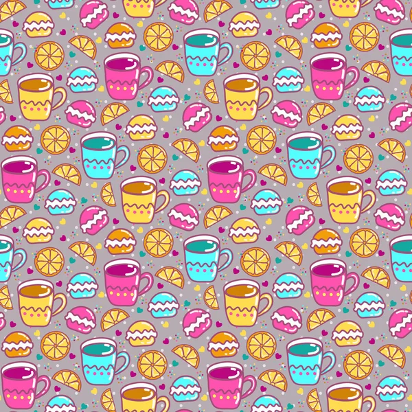 Seamless pattern with cups, lemon and sweets