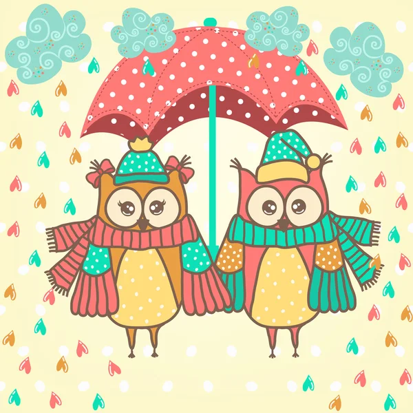 Amante pareja de búhos con paraguas en la lluvia — Archivo Imágenes Vectoriales